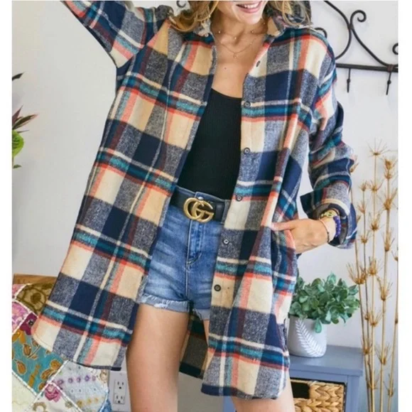 Flannel Plaid Shirt Long Shacket Multi Sizes NWT - Picture 6 of 8